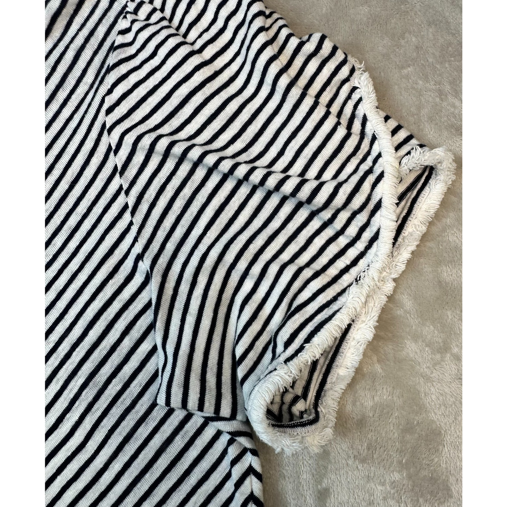 Chicos Women's Linen‎ Short Sleeve Top Nautical Navy White Stripe Fringed Size 2 - Picture 15 of 16